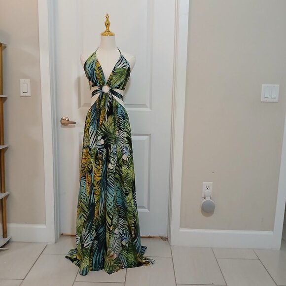 Fashion Nova Palm Maxi Dress Women's Size XL Multi Halter Cutout Tropical Print - Picture 1 of 7